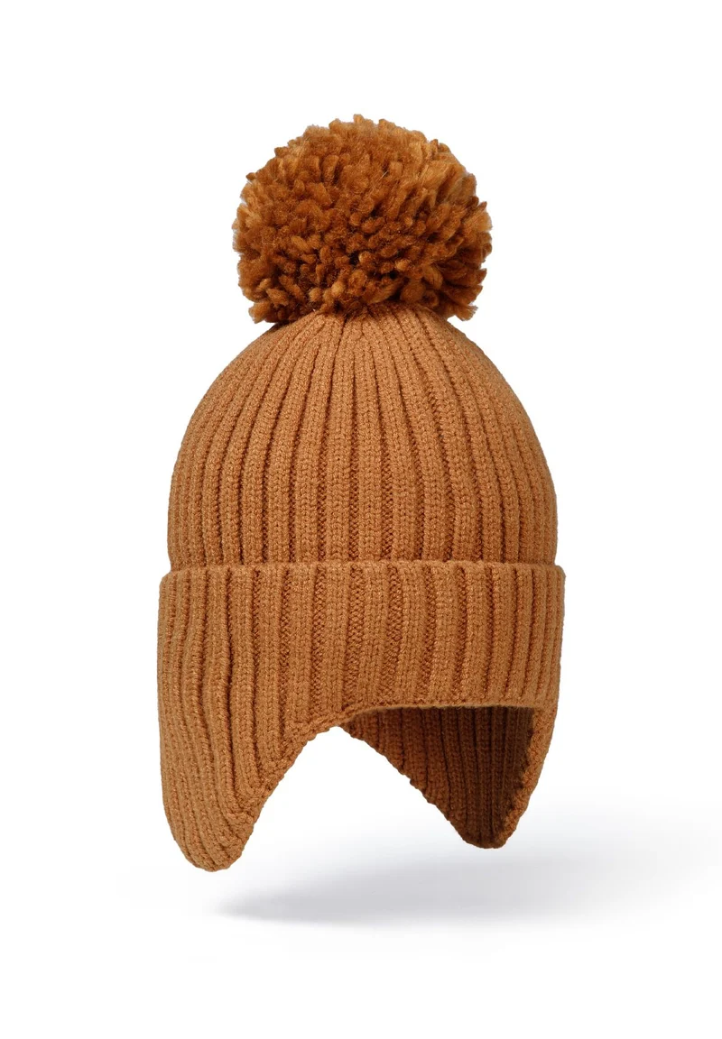 Kids' bobble hat with ear flaps in camel