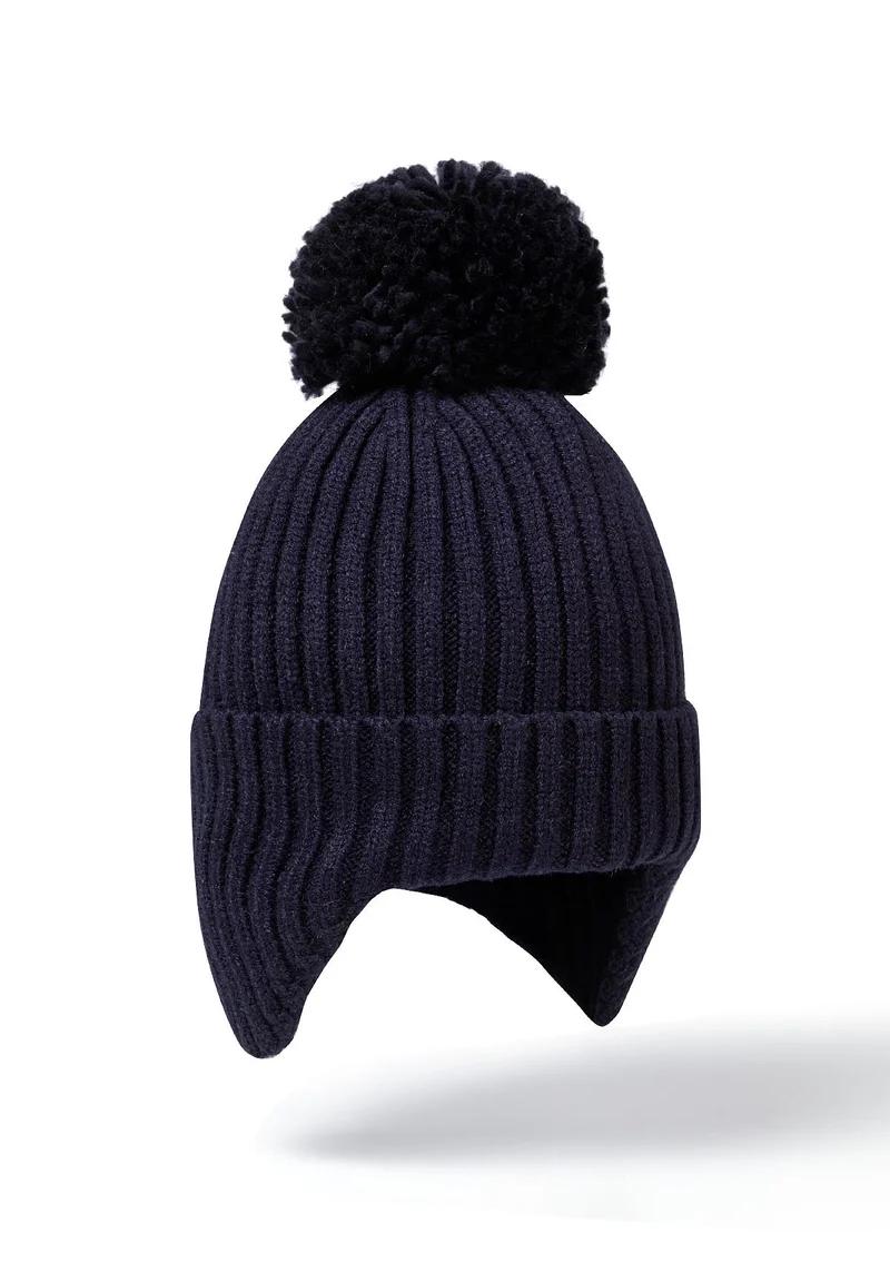 Kids' bobble hat with ear flaps in navy