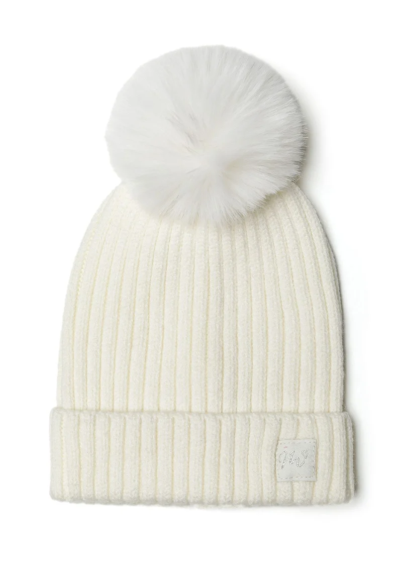 Kids' ribbed bobble hat in cream