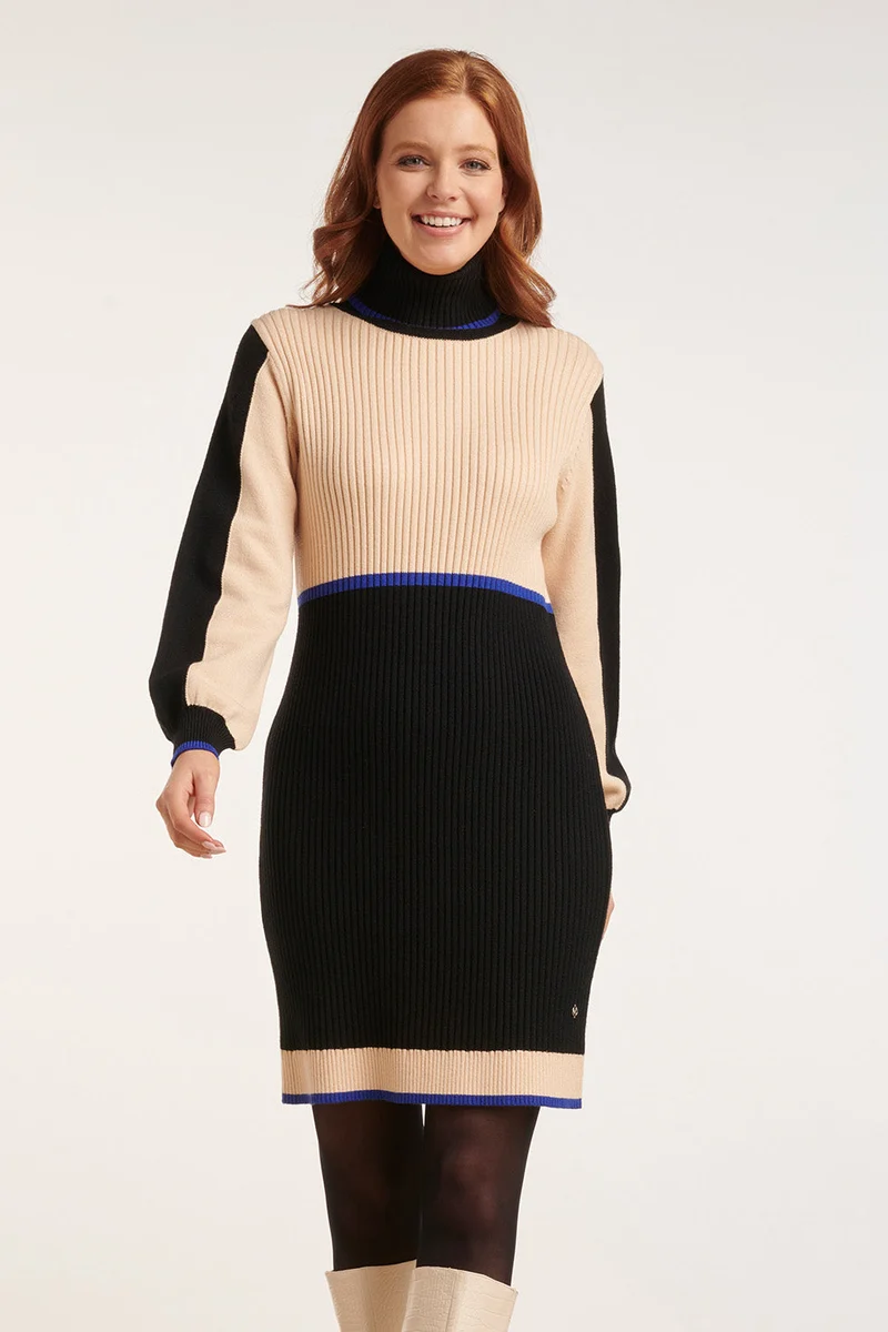 24627 Beige E Blok Gebreide Jurk | Sand - Black