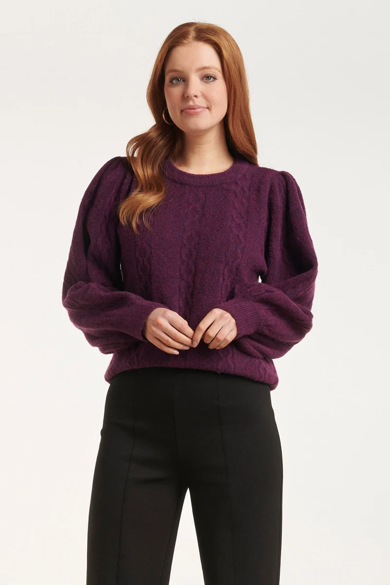 24619 Paarse Gebreide Trui Met Gevlochten Structuur | Purple