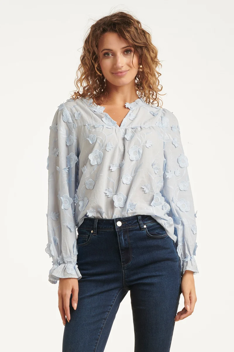 25624 Dames3d Bloemenprint Top Met V Hals | Light Blue