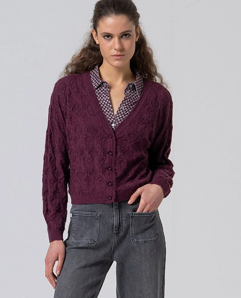 Surkana V-neck cardigan with fantasy knit bourdeaux