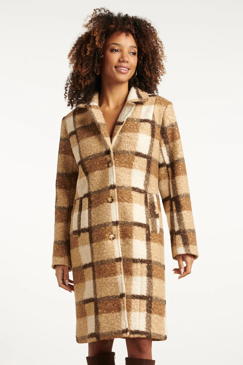 25546 Bouclé Ruitjesjas | Camel - Off White