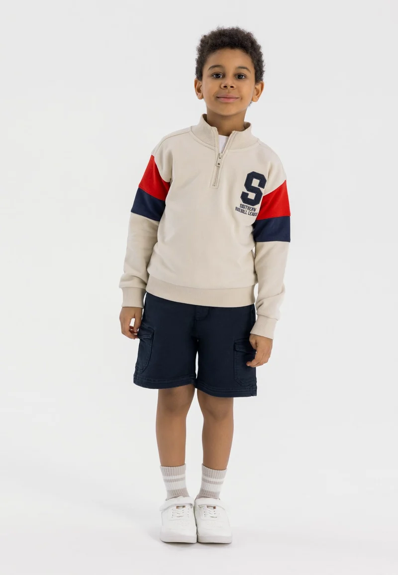 Boys' quarter-zip sweatshirt in cream, red and navy