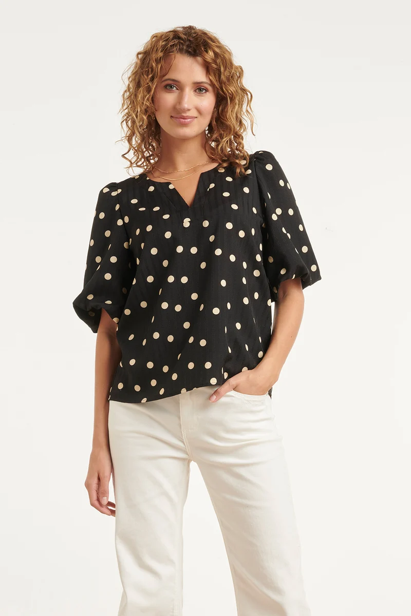 Zwarte Blouse Met Beige Stippenprint En Pofmouwen | Black - Brown