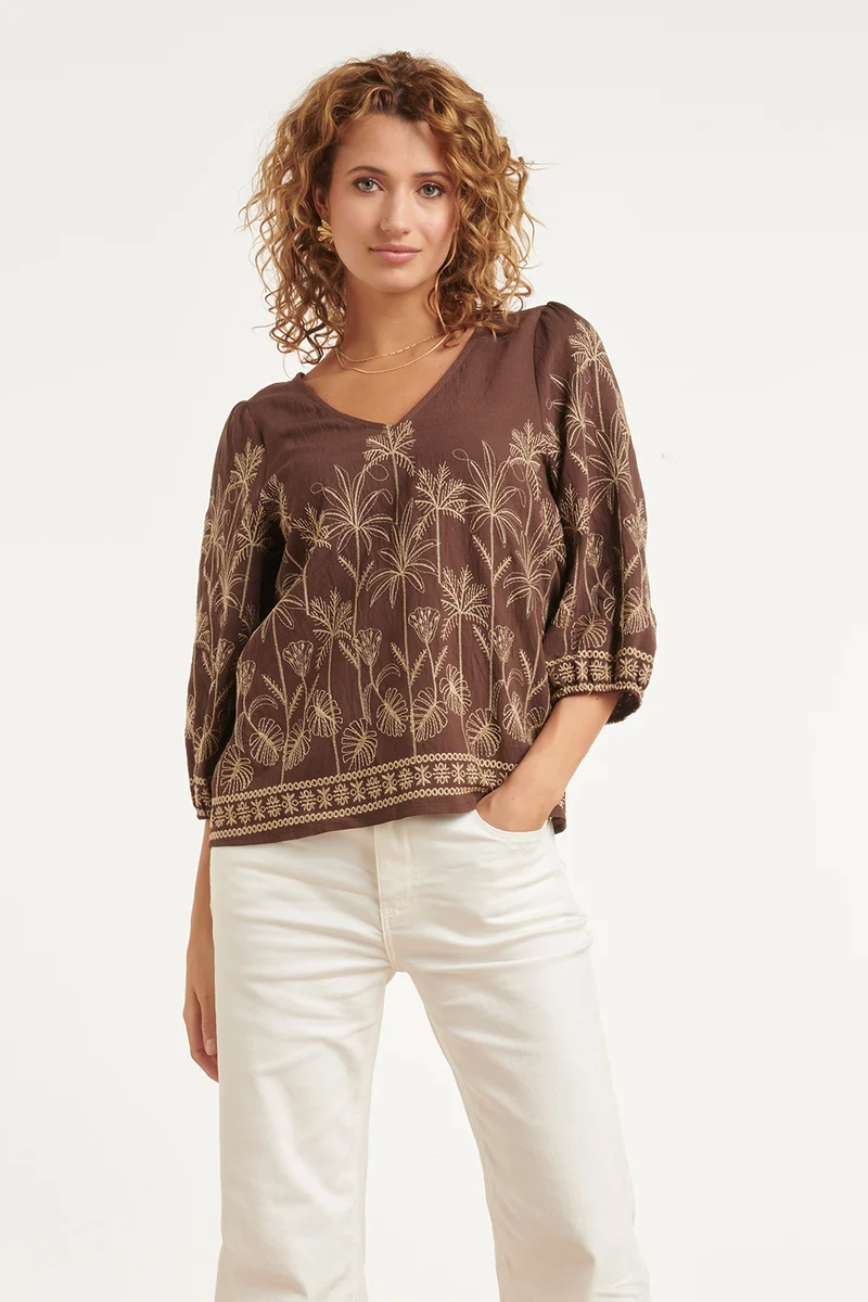Bruine Blouse Met Goudkleurige Borduursels En V-Hals | Brown