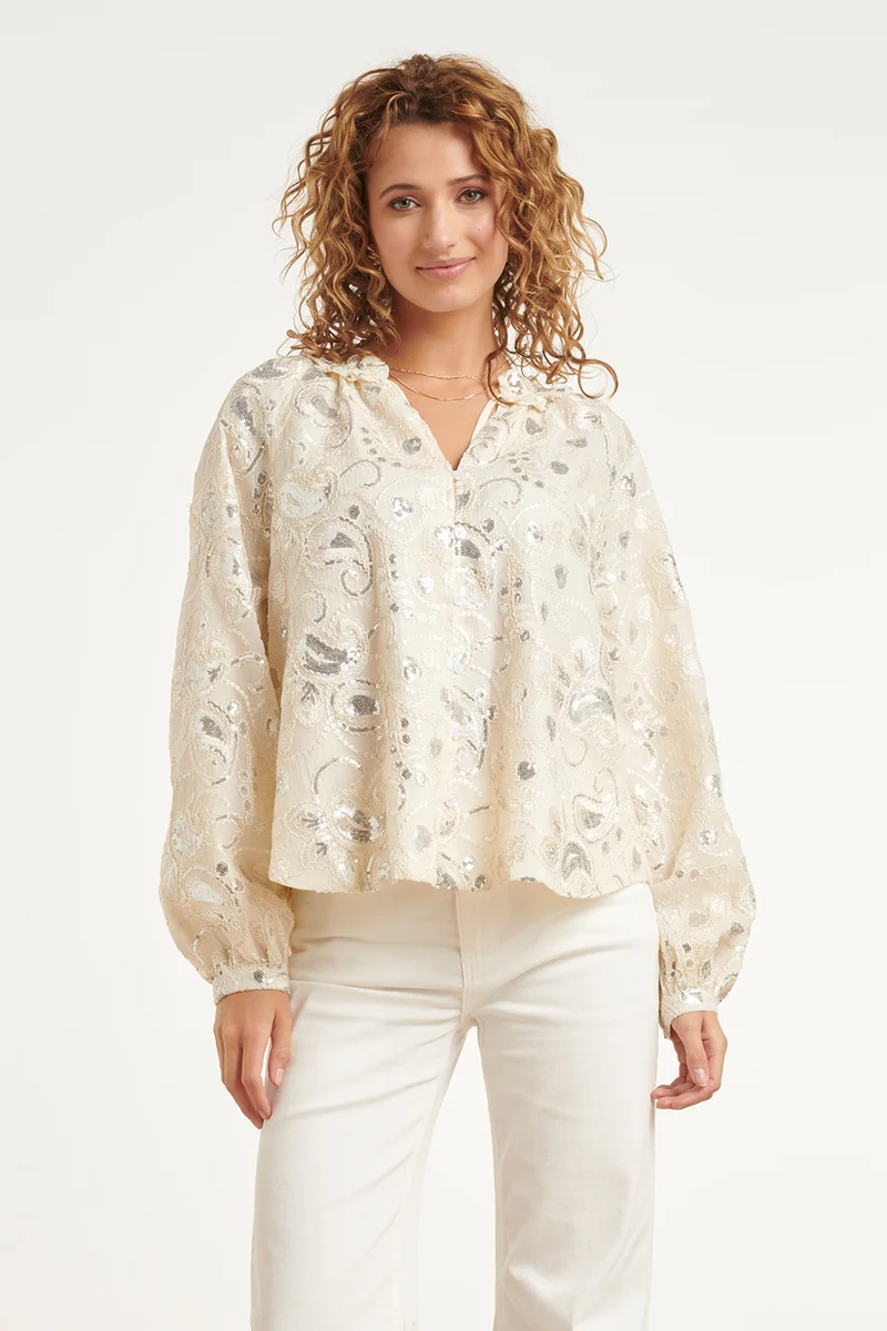 Champagnekleurige Blouse Met Pailletten En Ruffles | Off White
