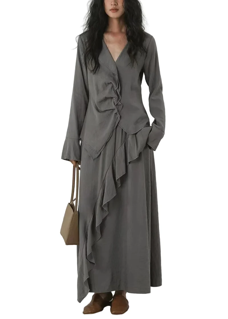 Dames Tweedelige Set V-hals Asymmetrisch Met Lange Mouwen