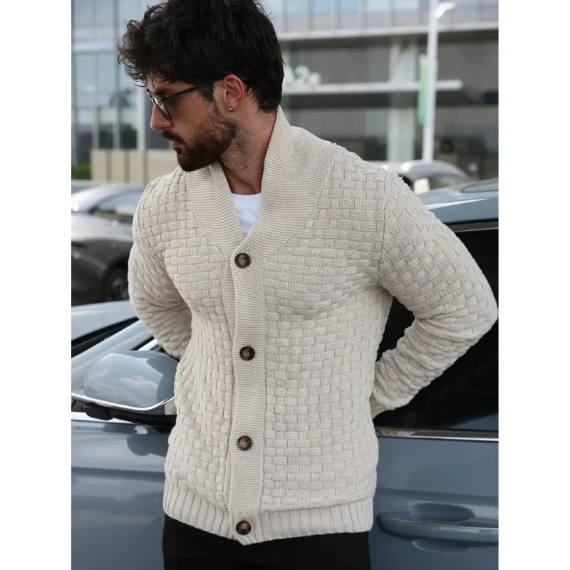 Heren Cardigan met Sjaalkraag – Wafelgebreid Vest met Knopen
