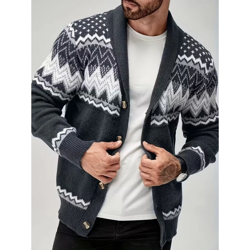 Heren Cardigan met Sjaalkraag – Gebreid Vest met Geometrisch Patroon