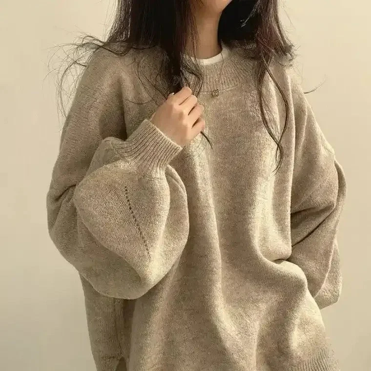 Gebreide Oversized Trui met Ronde Hals en Ballonmouwen – Dames