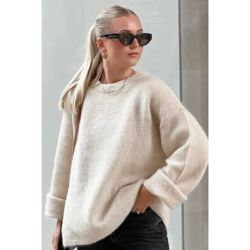 Luxe Gebreide Fuzzy Trui met Ronde Hals – Oversized Damesmodel