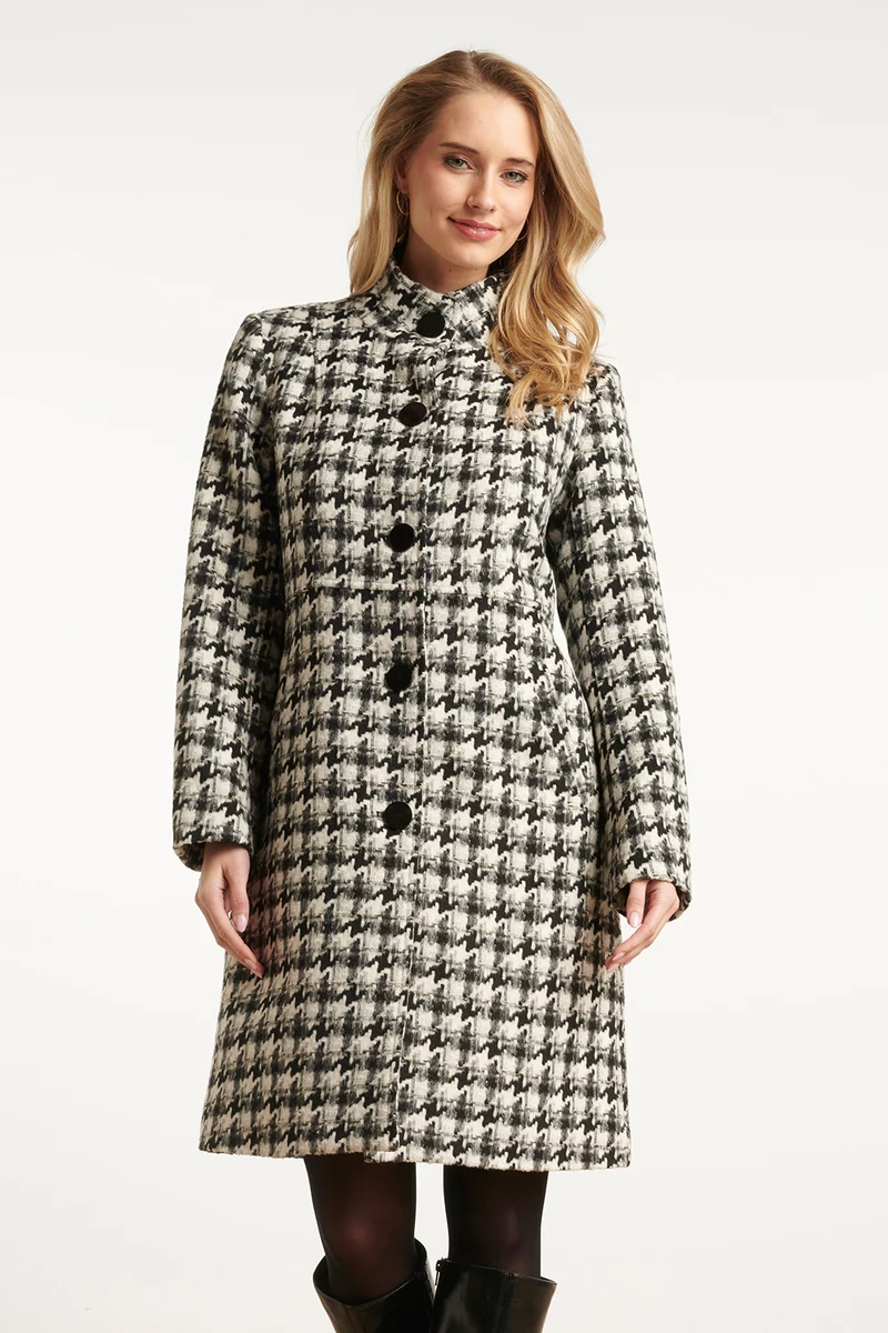 25549 Houndstooth Jas Met Hoge Hals In Zwart En Off-White | Black - Off White