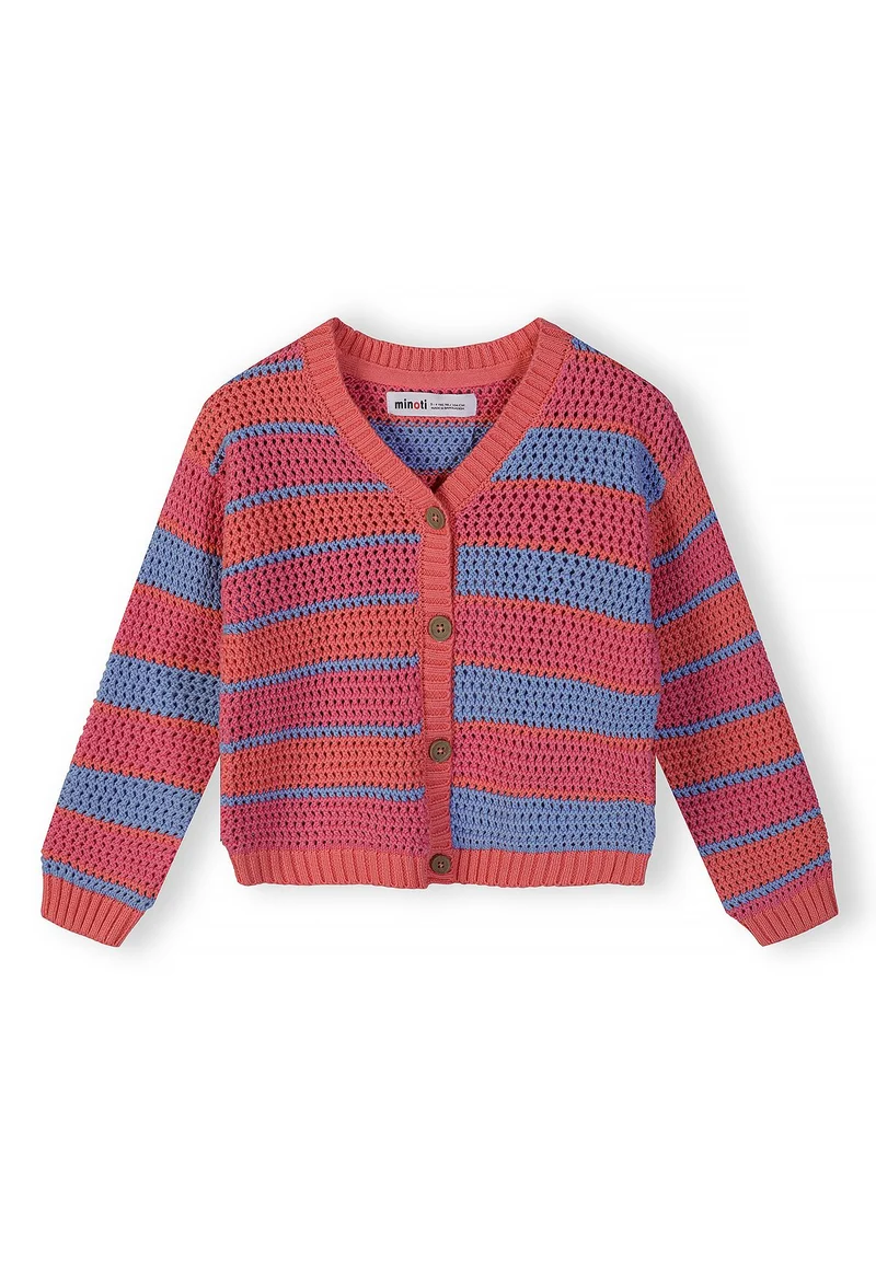 Girls' open-knit striped cardigan in coral and blue