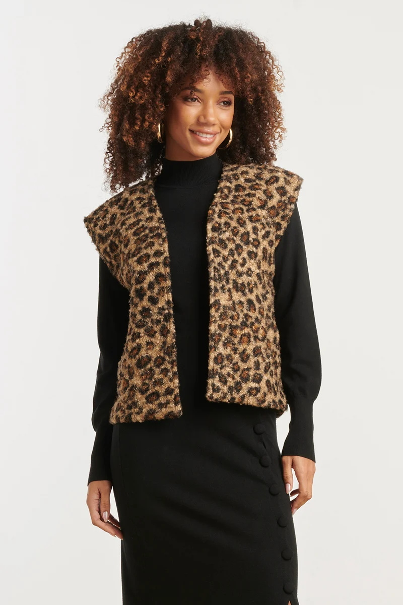 25543 Bouclé Gilet Met Dierenprint In Camel En Zwart | Camel - Black