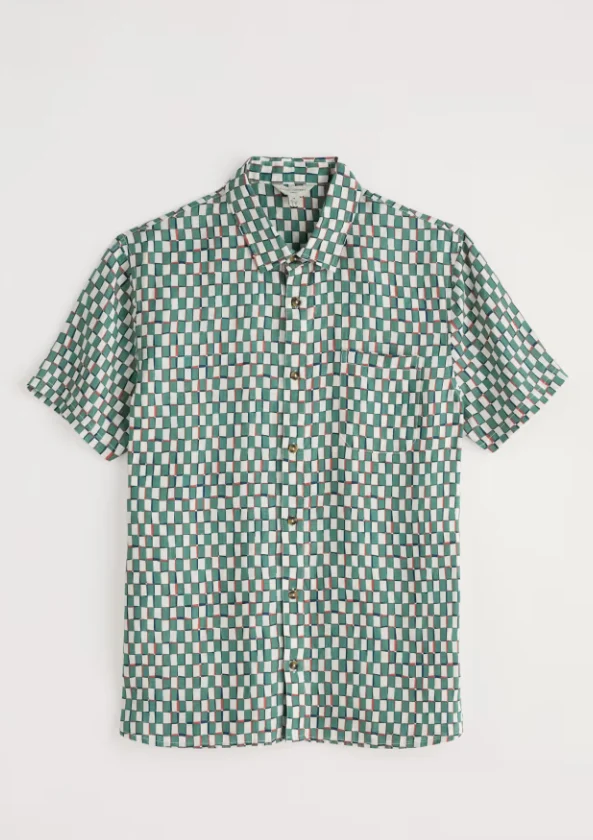 Seasalt Cornwall men's blue heron short sleeve shirt table check mineral