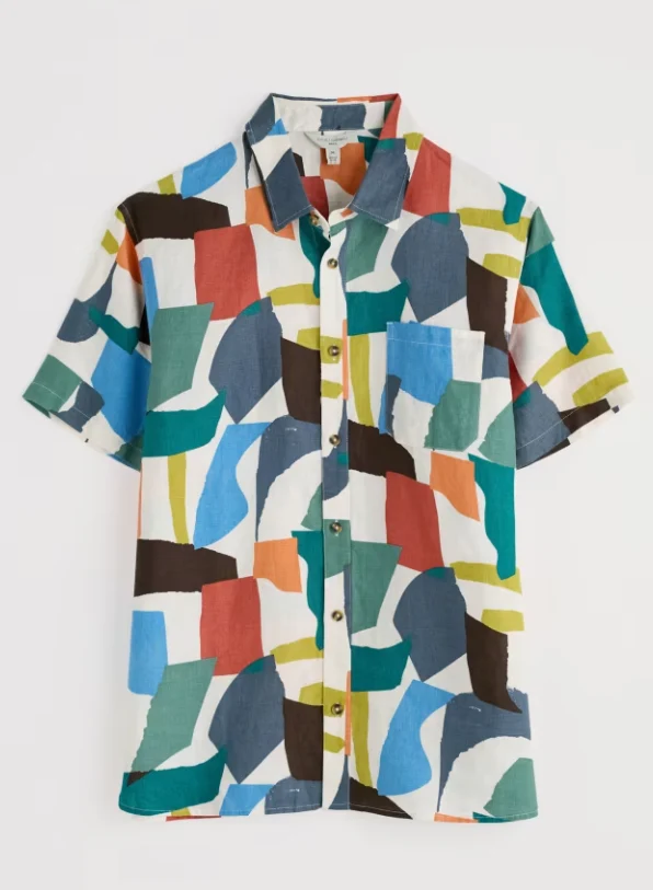 Seasalt Cornwall men's blue heron short sleeve shirt torn shapes mix