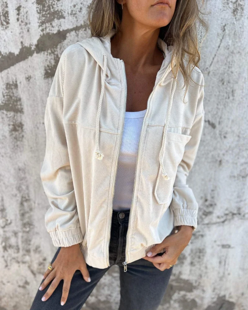 Dames Corduroy Jas met Rits en Capuchon – Retro & Comfortabel