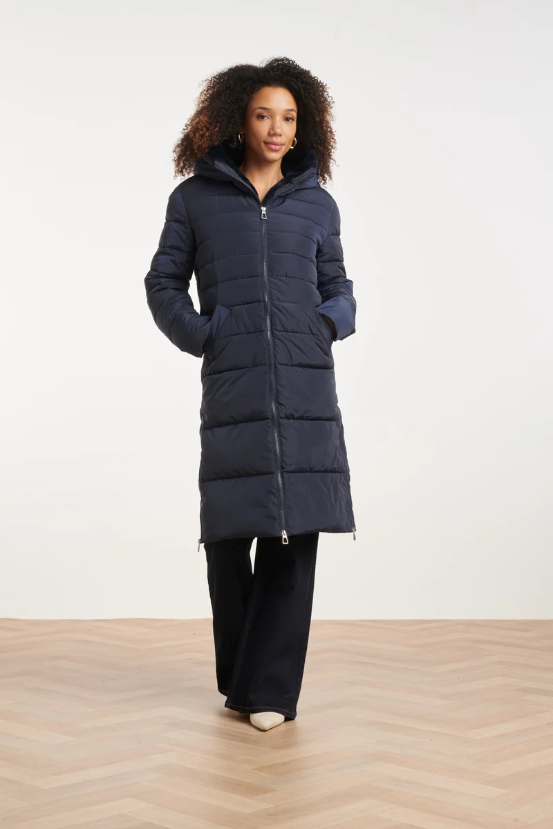 Lange Gewatteerde Jas Met Capuchon | Navy