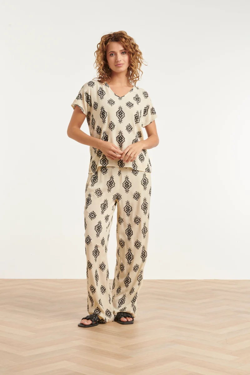 Beige Broek Met Zwarte Aztec Print | Black White
