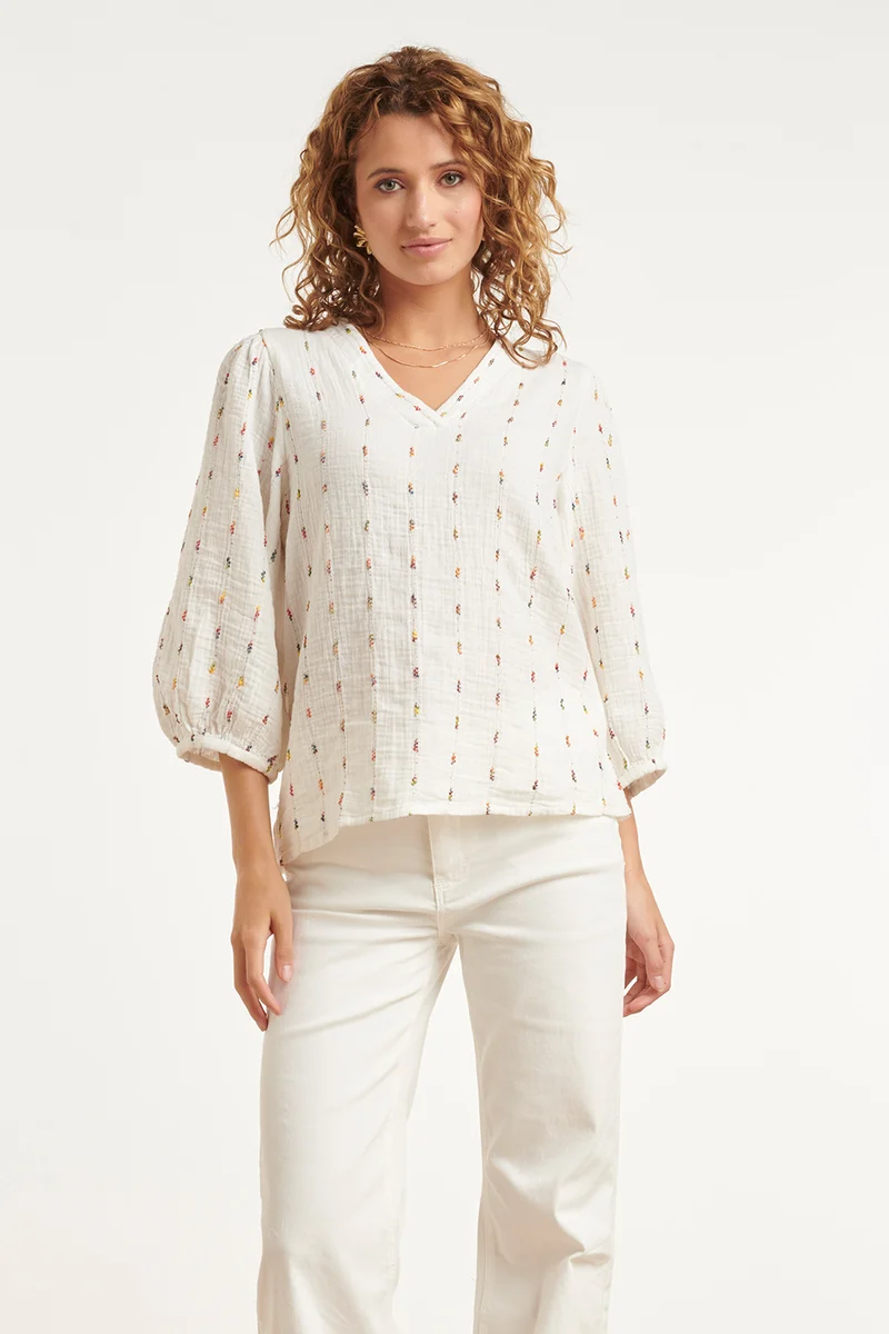 Witte Blouse Met Subtiele Multicolor Details En V-Hals | Off White