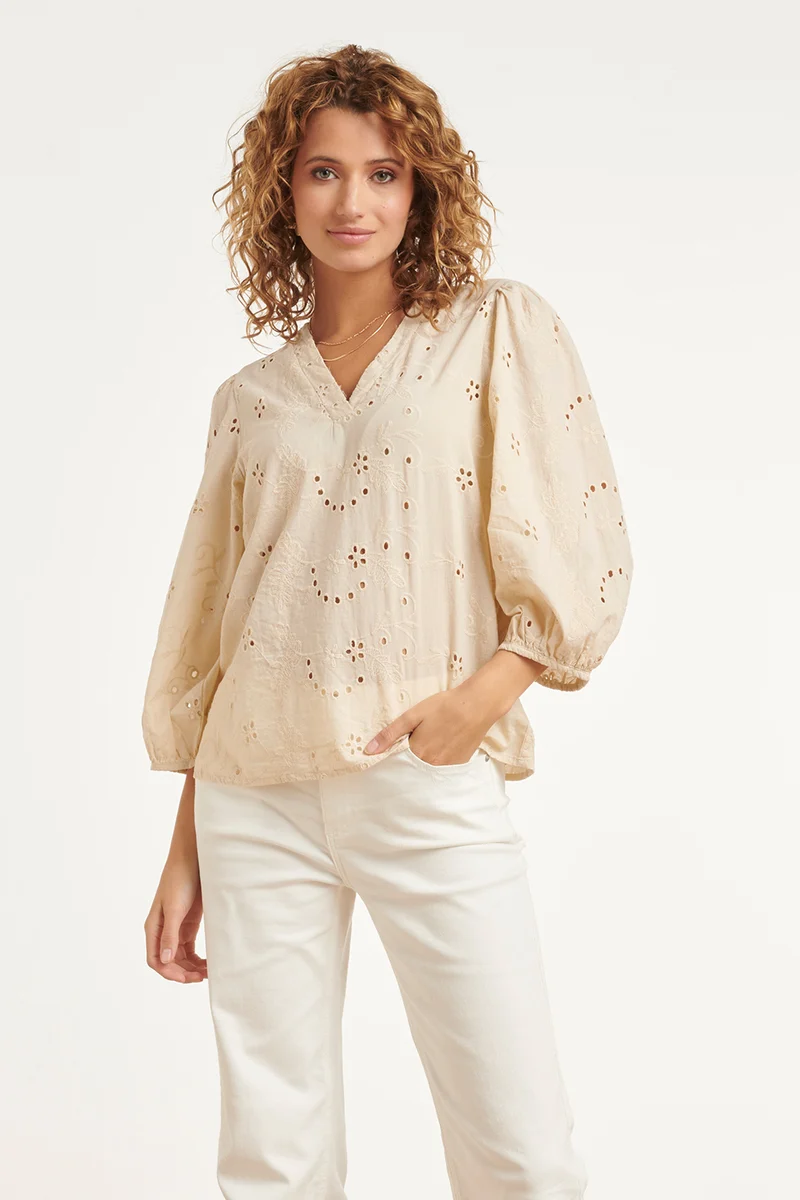 Crème Blouse Met Broderie Details En Lange Mouwen | Off White