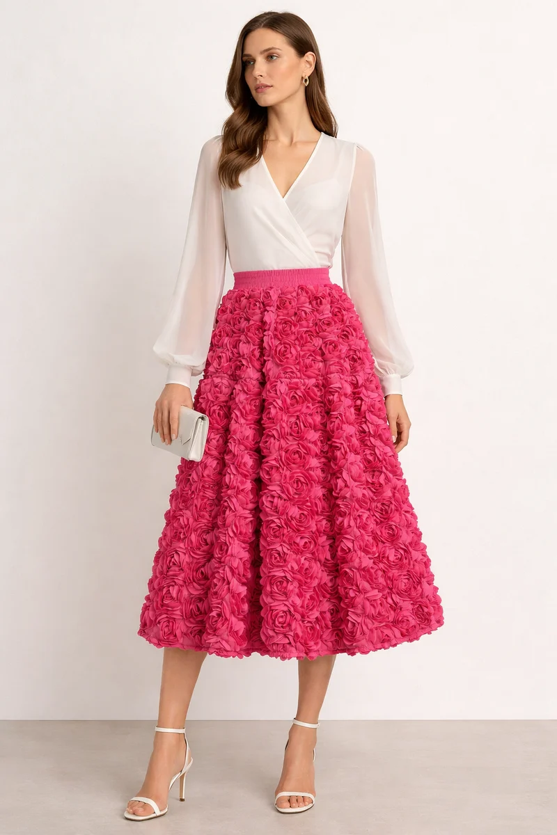 Dames Midi-rok met Bloemen Reliëf