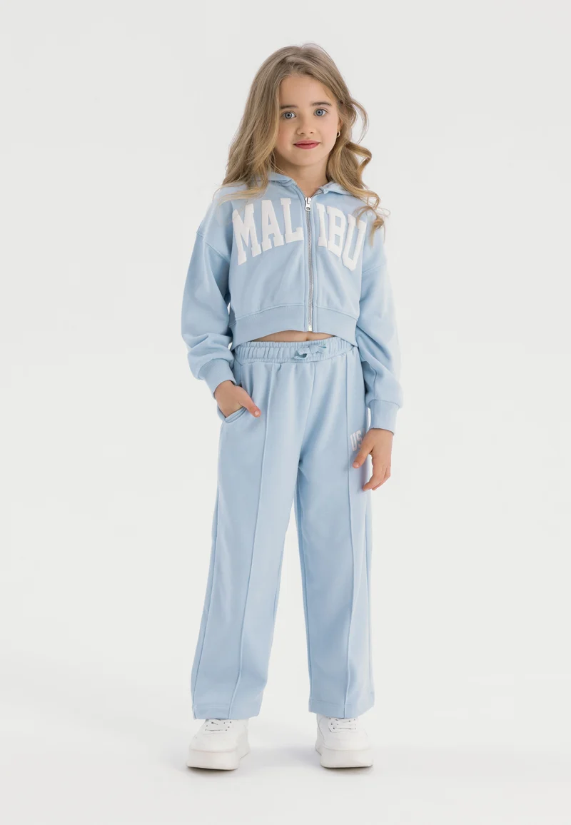 Girls' zip hoodie and wide leg trousers set in light blue
