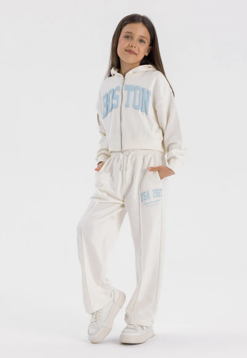 Girls' zip hoodie and wide leg trousers set in cream