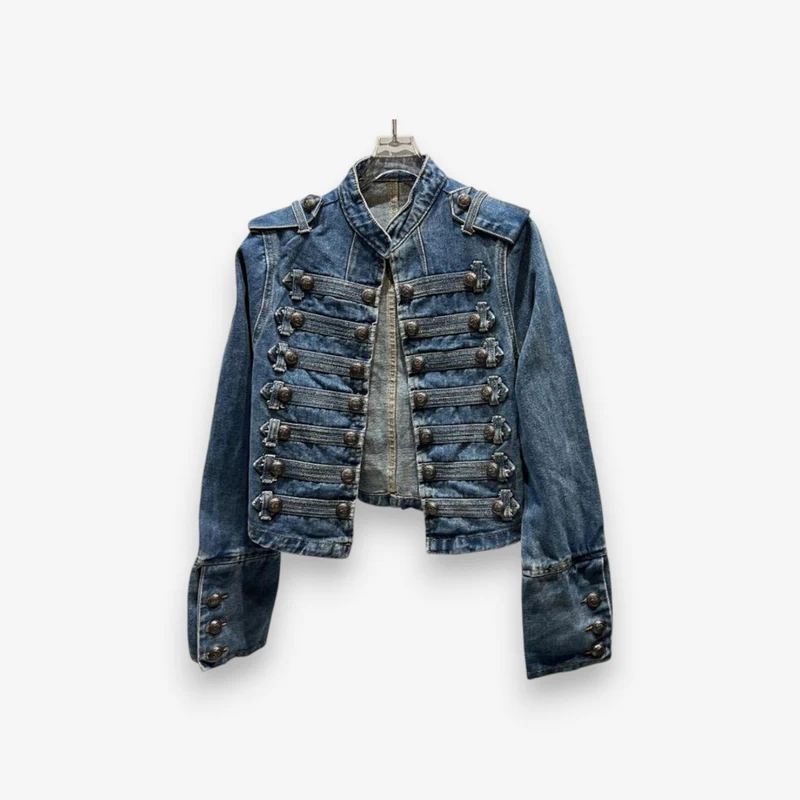Dames denim jas met knopen en hoge kraag