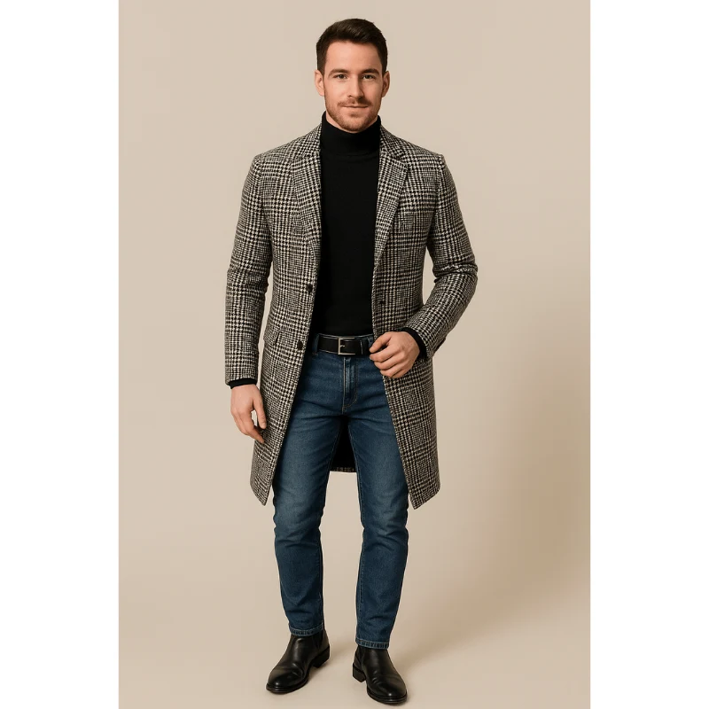 Torino Slim Fit Wolblend Trenchcoat voor Heren – Geruit Design & Moderne Elegantie