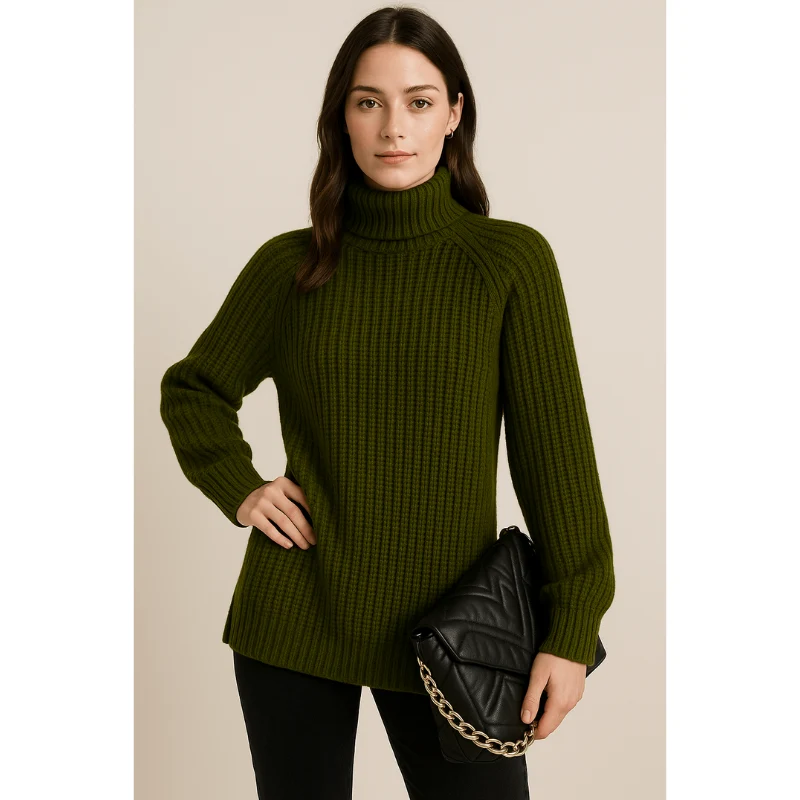 Elsie Ribbed Knit Sweater – Damestrui met Hoge Kraag en Zijsplit