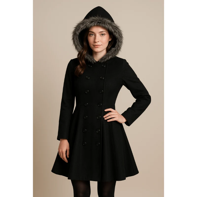 Clara Double-Breasted Winter Coat – Damesmantel met Bontkraag