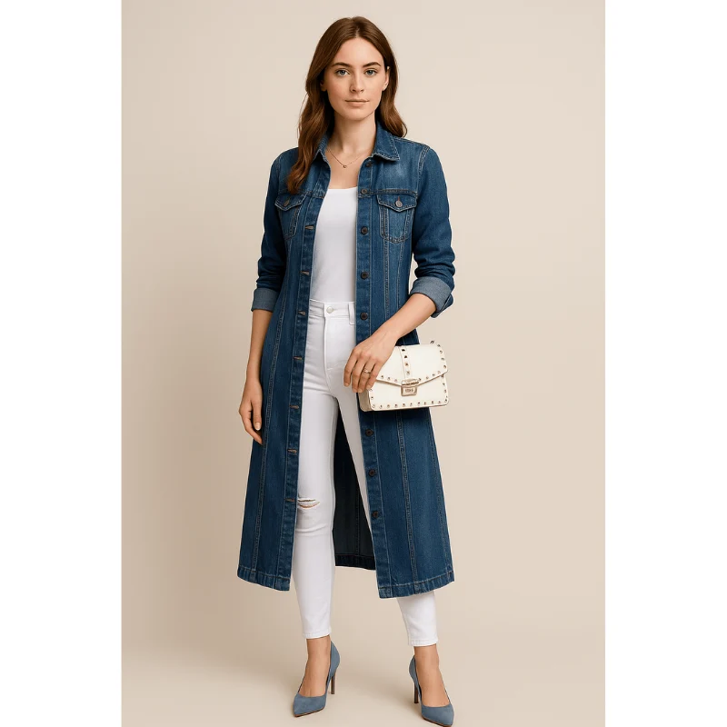Soraya Denim Trenchcoat – Dames Lange Spijkermantel met Relaxte Pasvorm