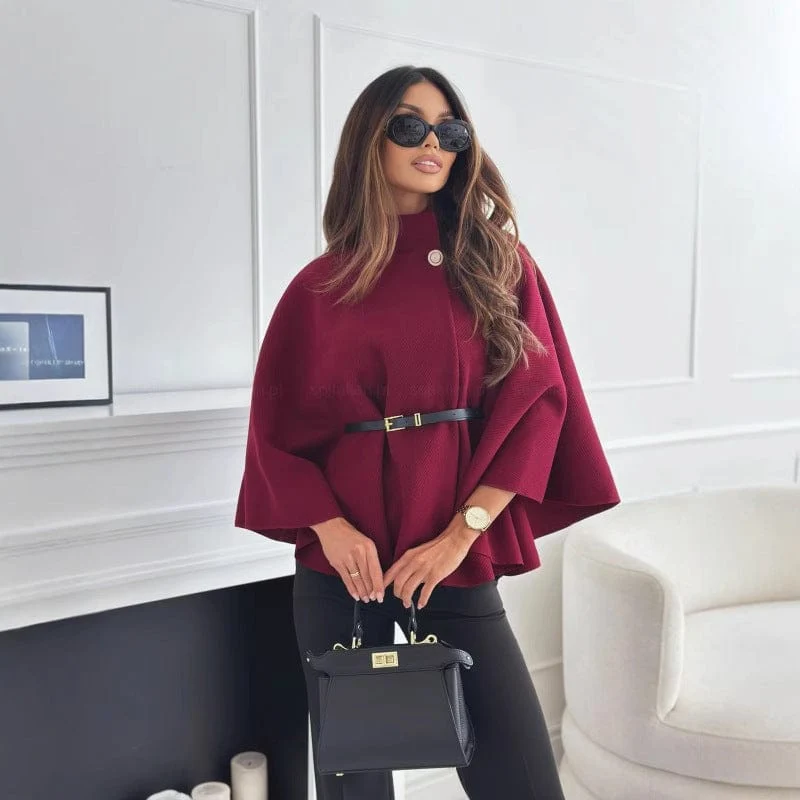 Wollen Blend Cape met Hoge Kraag en Tailleceintuur