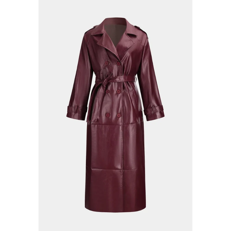 Dames Kunstleren Trench SophiaBurgundy – Tailored Belted Luxe Coat