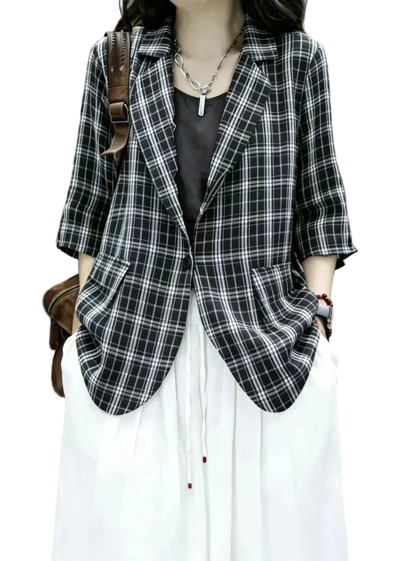 Dames Geruite Blazer Zwart Wit met Driekwart Mouwen
