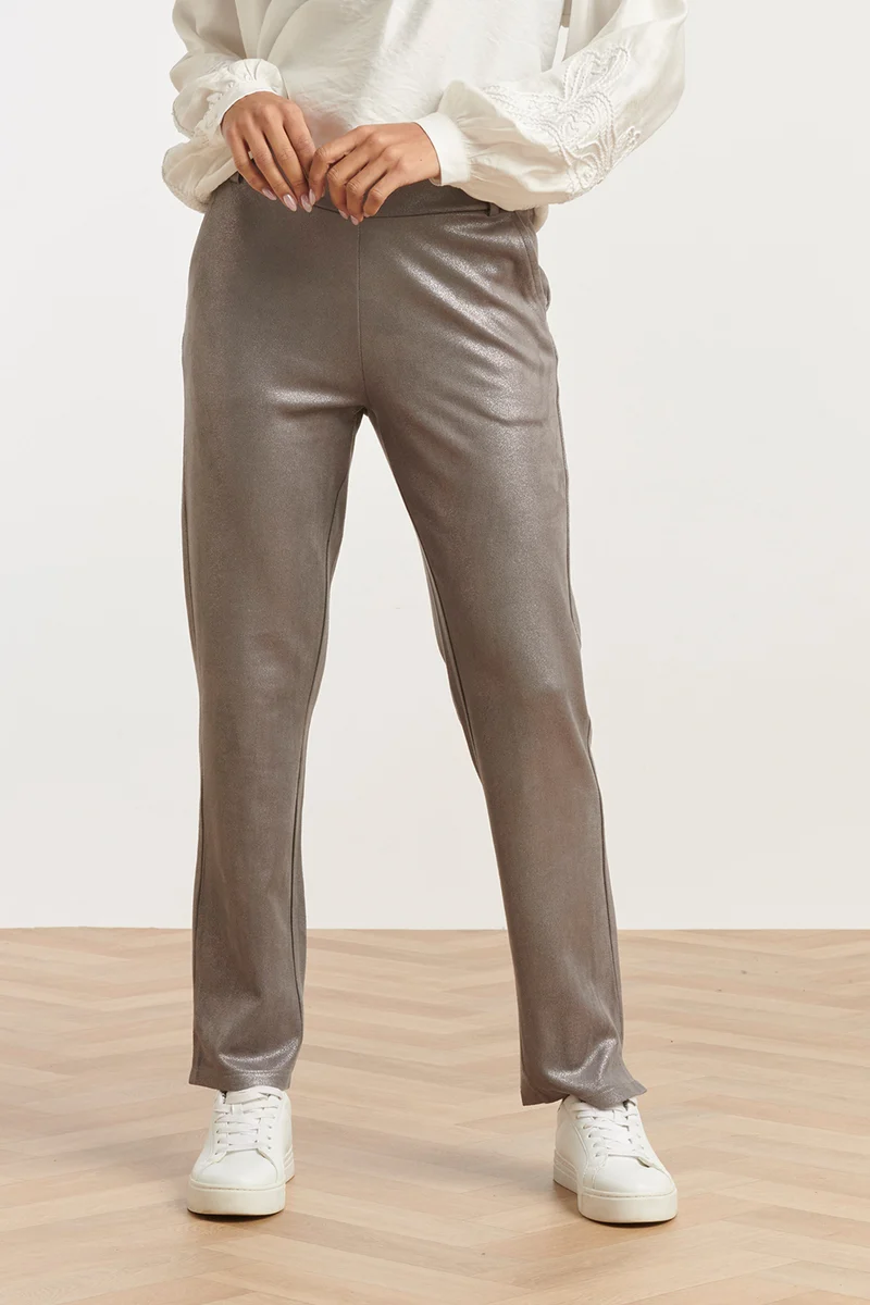 25600 Damesglanzende Metallic Broek | Silver Grey