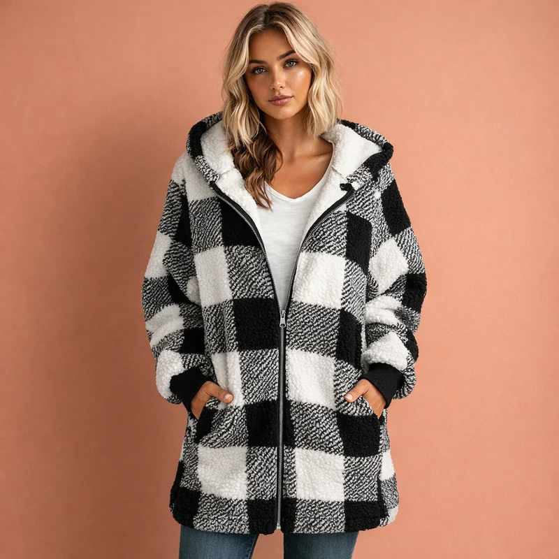 Dames Jas met Capuchon en Trendy Ruitpatroon
