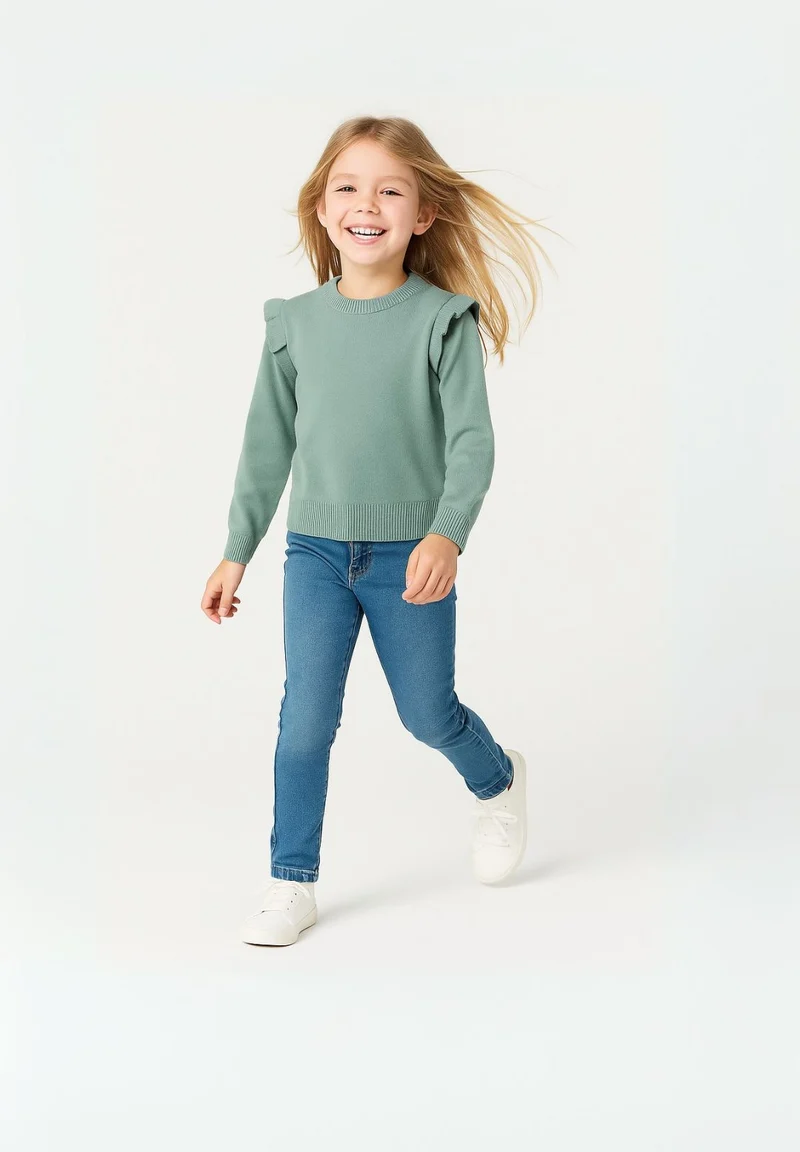 Girls' frill shoulder jumper in sage green
