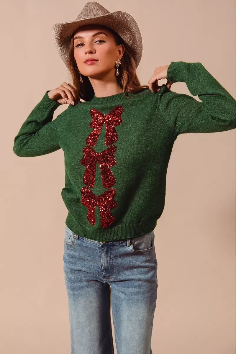Groene Kersttrui met Pailletten en Strik