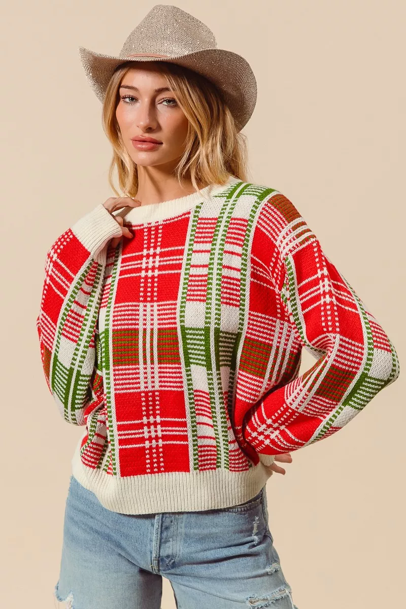 Rood & Groene Kerstgeruite Trui met Ronde Hals