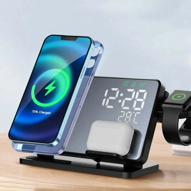3-in-1 Snelladerstation | Premium Draadloze Snellader Dockingstation met Alarmklok | voor Apple iPhone, Watch & AirPods