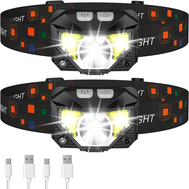 2-Pack Ultra-Helder Oplaadbare LED Hoofdlamp Waterdicht Met Bewegingssensor