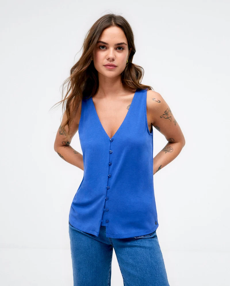 Surkana V-neck top with straps and buttons blue