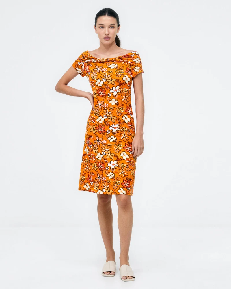 Surkana short dress with bardot neckline orange