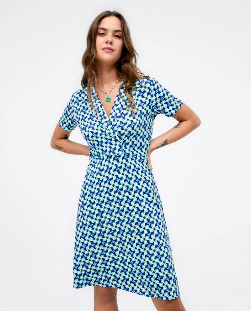 Surkana short wrap dress with flapped V-neck blue