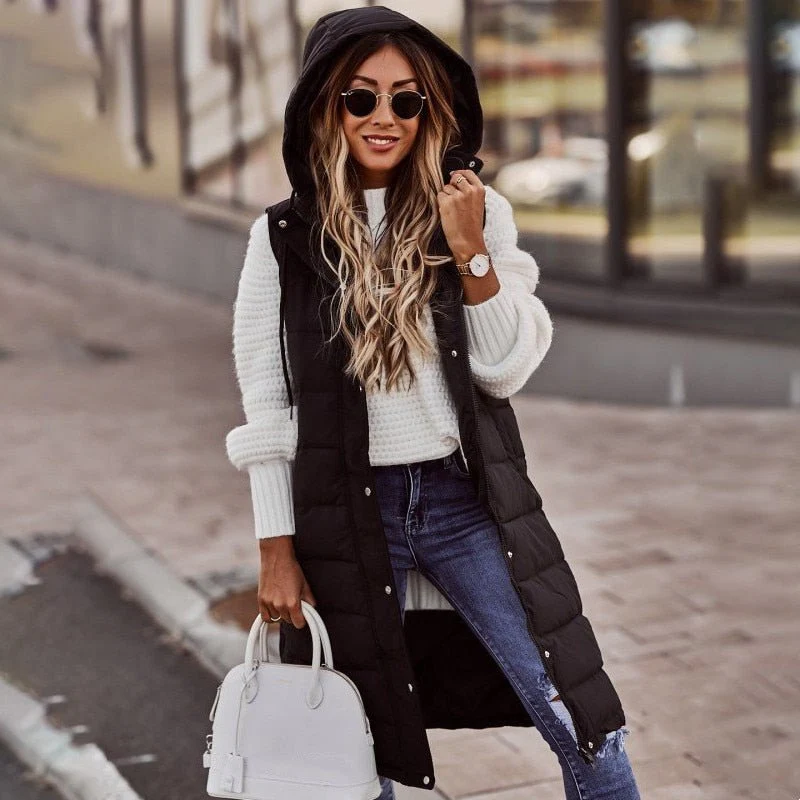 Elayne Lange Bodywarmer | Gewatteerd Mouwloos Vest met Capuchon