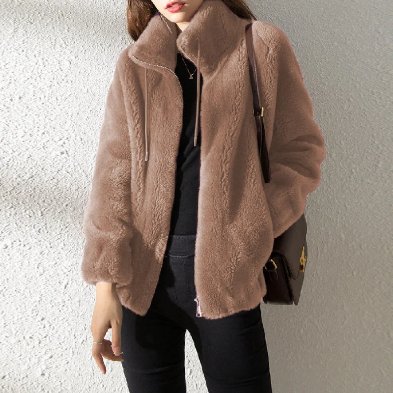 CozyCharm Dames Teddyjack – Warme Fleecejack met Ritssluiting en Koord